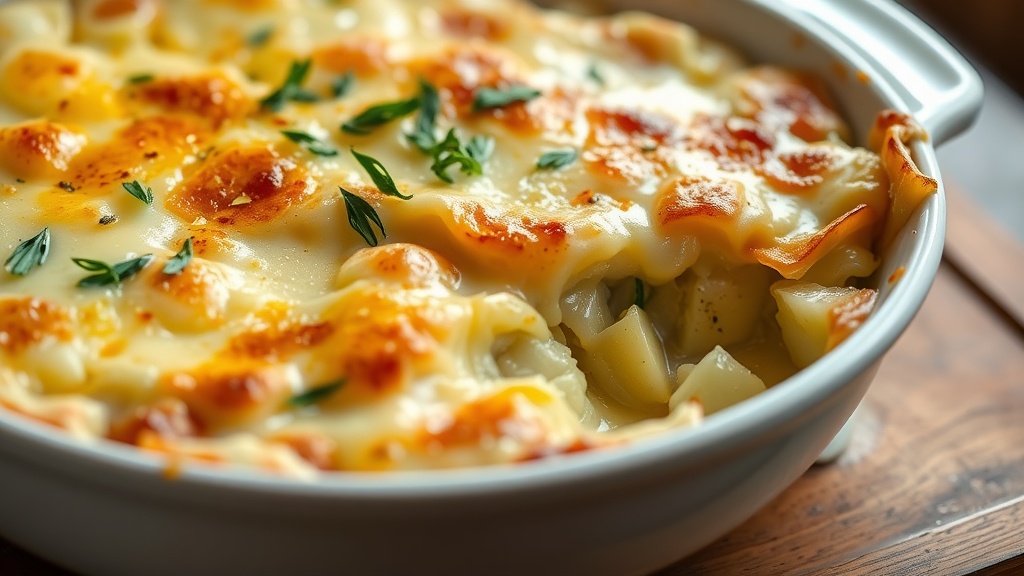 Creamy leek and potato gratin with golden layers, garnished with herbs, on a rustic table.